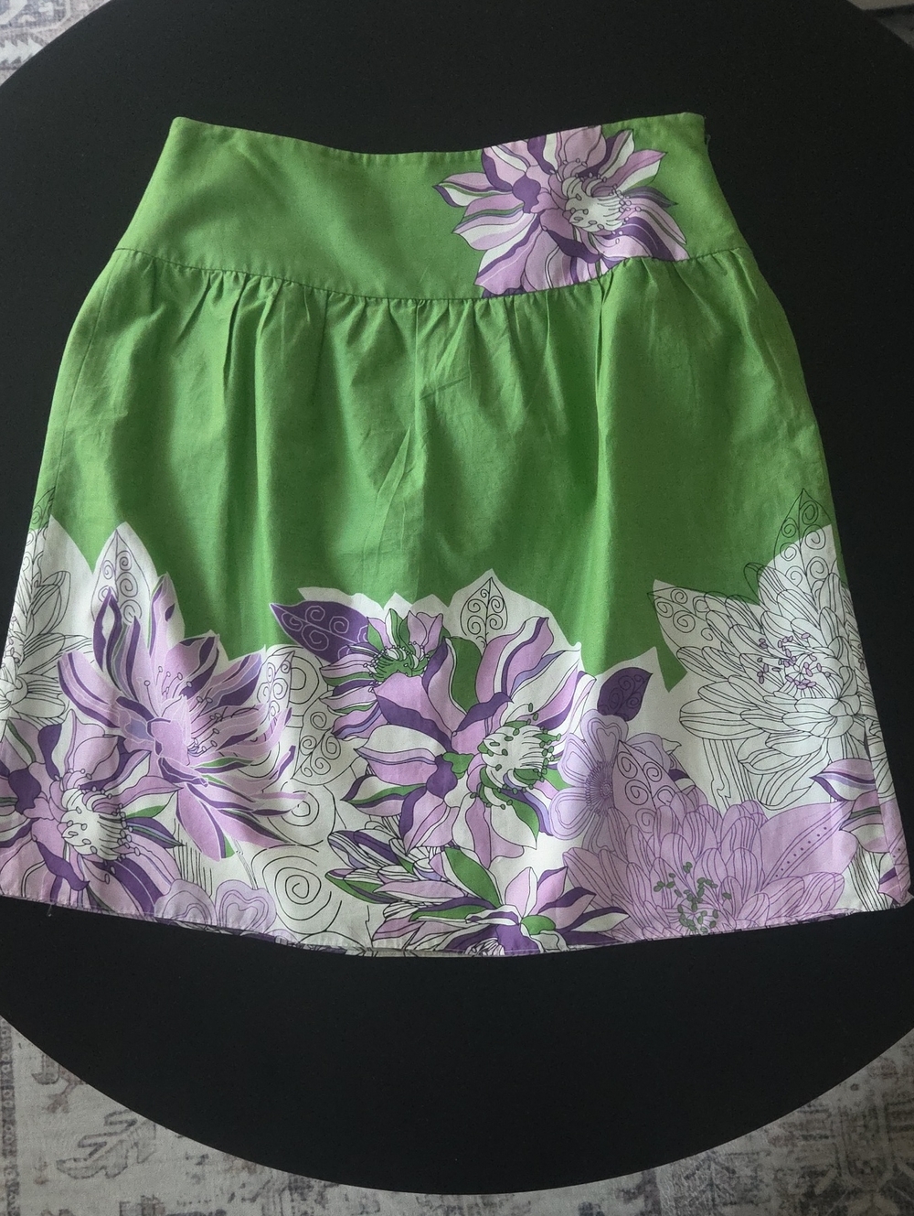 LOFT Green A-Line Skirt with Lavender Floral Border